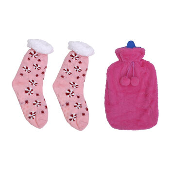 2er-Set W&auml;rmflasche mit Pl&uuml;schbezug, 2000ml und 1 Paar rutschfeste Haus Socken mit Sherpa Futter, Einheitsgr&ouml;&szlig;e 18x32 cm