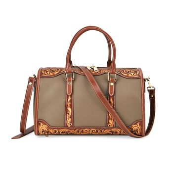 GRAND PELLE Elite Kollektion - Exklusive Handgravierte Leder-Handtasche mit Floralem Meisterwerk, 35 x 21 x 15 cm, Taubengrau