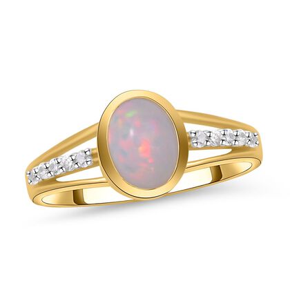 Natürlicher, äthiopischer Opal und weißer Zirkon-Ring, 925 Silber vergoldet (Größe 16.00) ca. 1,05 ct