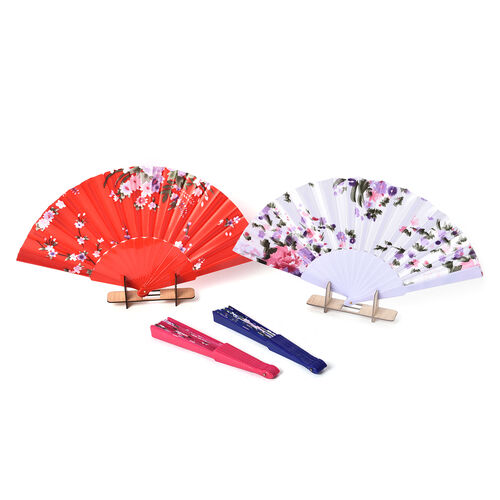 4er - Set Handfächer im japanischen Stil, rot, rosa, weiß, blau image number 1