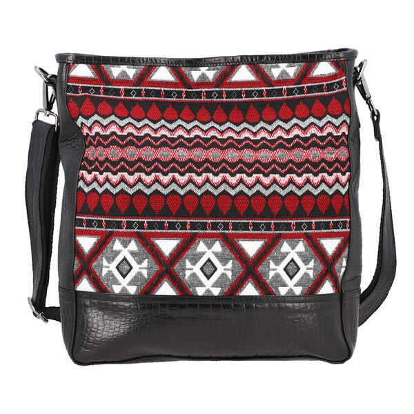 Crossbody Bag aus echtem Leder und Jacquard mit Krokopr&auml;gung, schwarz image number 4