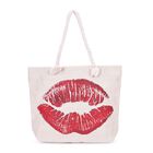 Große Lifestyle-Tragetasche Beige mit Lippen-Print - Jute-Außenseite, 42x34x9x37cm