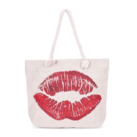 Gewebte Jute-Tasche mit rotem Kussmund, beige