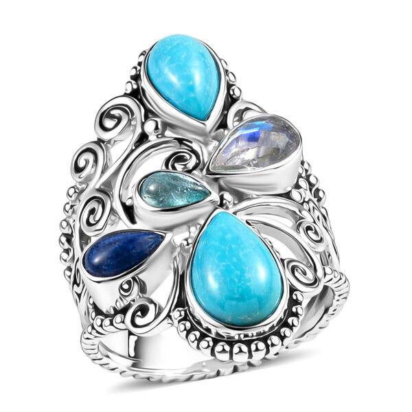 Sajen Silber-T&uuml;rkis, Wei&szlig;er Regenbogen Mondstein Ring 925 Silber rhodiniert (Gr&ouml;&szlig;e 18.00) ca. 3.32 ct