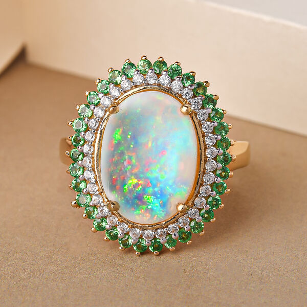 Nat&uuml;rlicher, &auml;thiopischer Opal und Tsavorit Granat-Ring, 925 Silber Gelbgold Vermeil  ca. 4,68 ct image number 2