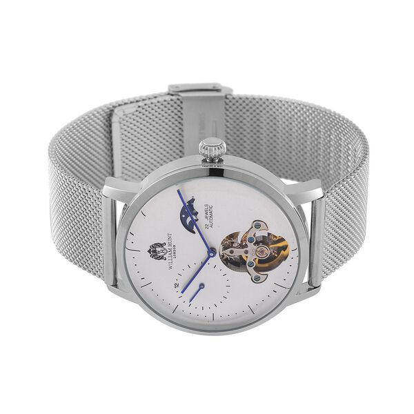 William Hunt Automatik-Uhr - IP-schwarzbeschichtetes Edelstahlgehäuse, weißes Multifunktionszifferblatt mit gewölbtem Glas, Edelstahl-Mesh-Armband, Glasboden, 5 ATM wasserdicht, Reiner Edelstahl image number 4