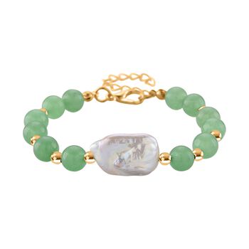 Gr&uuml;ner Aventurin, Wei&szlig;e Keshi Perle Armband, ca. 18cm mit 5cm extender, Reine Legierung goldfarben