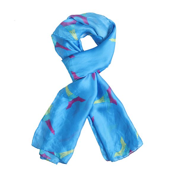 100 % natürlicher Satin Seiden Schal, 165x50 cm, Eiffelturm Muster, Blau image number 4