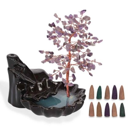 Amethyst R&auml;ucherkegelhalter mit R&uuml;ckfluss Effekt und Kristallbaum, inkl. 30 R&auml;ucherkegel, 18 x 10 x 20 cm, Lila