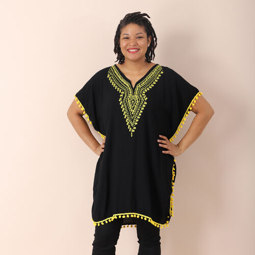 JOVIE bestickter Kaftan mit Quasten, 100% Viskose, Größe: 88x78cm, schwarz mit gelber Stickerei image number 0