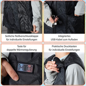 Beheizbare Weste mit 3 Heizstufen und 7 Heizzonen inkl. Akku, schwarz