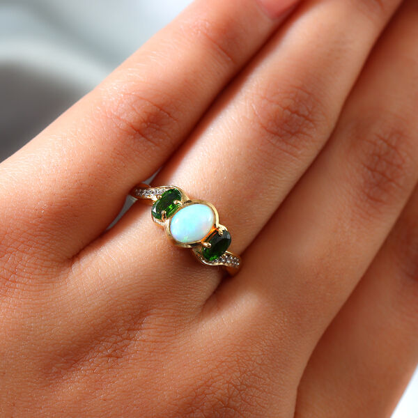 Nat&uuml;rlicher &Auml;thiopischer Opal und Nat&uuml;rlicher Chromdiopsid Ring 925 Silber vergoldet  ca. 1,22 ct image number 3