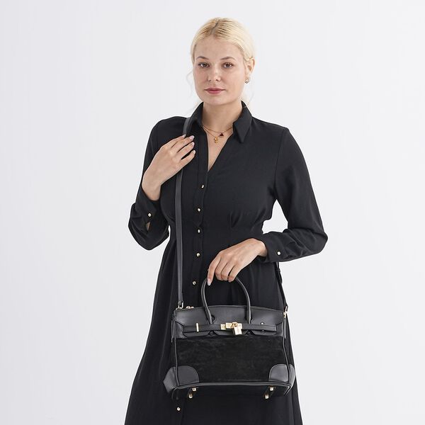 Grand Pelle Echtleder Citybag mit Reißverschluss und Schlossoptik 30 x 16 x 23 cm Schwarz image number 3