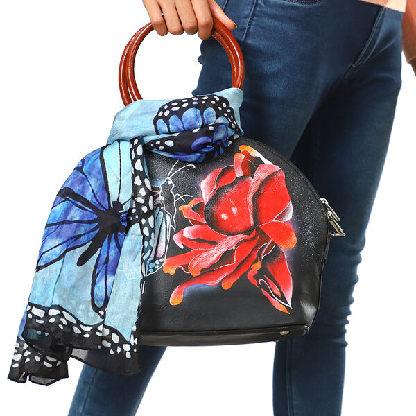SUKRITI, Handbemalte 100% Leder Tasche mit Maulbeerseiden Schal, Schmetterling Muster, Schwarz image number 4