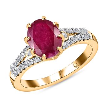 Afrikanischer Rubin (Fissure gef&uuml;llt), Wei&szlig;er Zirkon Ring, 925 Silber Gelbgold Vermeil (Gr&ouml;&szlig;e 19.00) ca. 3.01 ct