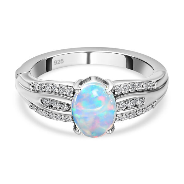 Nat&uuml;rlicher, &auml;thiopischer Welo Opal und wei&szlig;er Zirkon Ring, 925 Silber platiniert (Gr&ouml;&szlig;e 21.00) ca. 1.42 ct