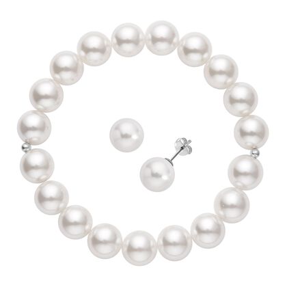 2er Set -Weißes Muschelkernperlen-Armband und Ohrringe, (11-13mm), 925 Silber rhodiniert