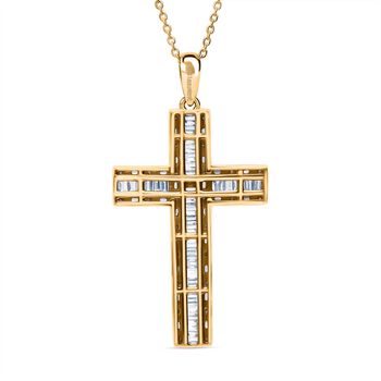 LUXURIANT SGL zertifizierter SI-GH Labor Diamant Kreuz Anh&auml;nger mit 50cm Kette, 925 Silber 750 Gelbgold Vermeil - 1 ct.