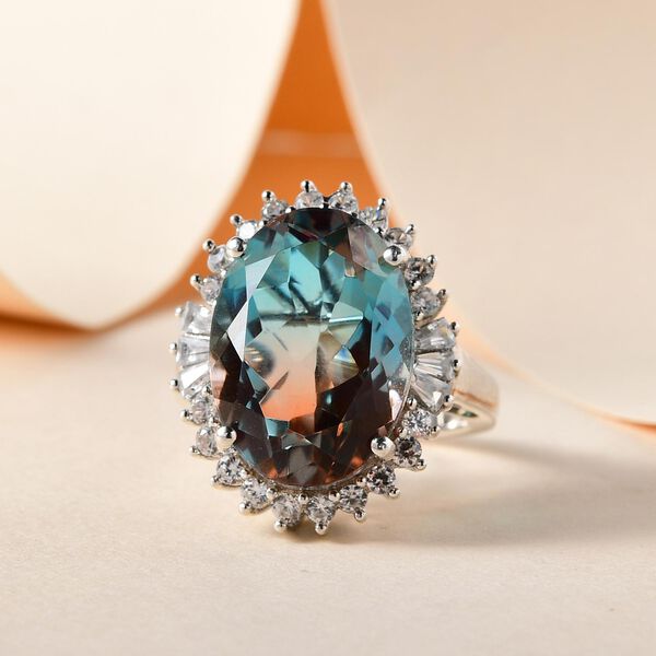 Aqua Terra Costa Quarz Triplett und Zirkon-Halo-Ring, 925 Silber vergoldet, 14,79 ct. image number 2