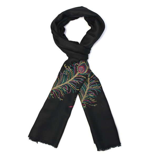 LA MAREY- 100% Kaschmirwolle Schal mit gewebten Federmotiven, Schwarz, 70x200cm image number 4
