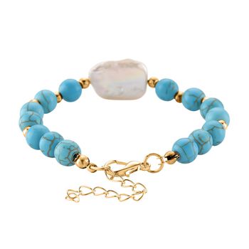 Blauer Howlit, Wei&szlig;e Keshi Perle Armband, ca. 18cm mit 5cm extender, Reine Legierung goldfarben