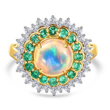 Nat&uuml;rlicher, &auml;thiopischer Opal und Smaragd Halo-Ring, 925 Silber Gelbgold Vermeil (Gr&ouml;&szlig;e 18.00) ca. 2.48 ct