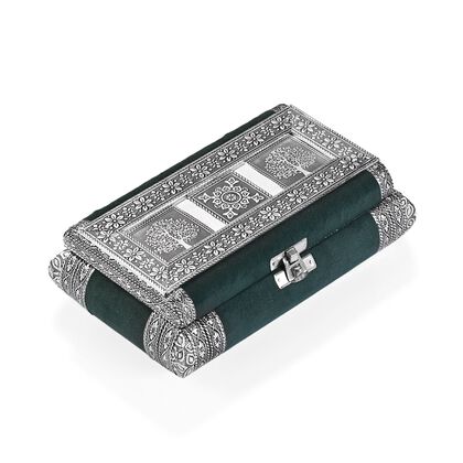 Handgefertigte Schmuckschatulle mit Lebensbaum Pr&auml;ge-Design, oxidiertes Finish, 20 x 13 x 7 cm, Silber-Gr&uuml;n