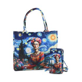 Frida Kahlo und Sternennacht Design Set, Shopper und Handy Umhängetasche, 40 x 12 x 35 cm, Marineblau