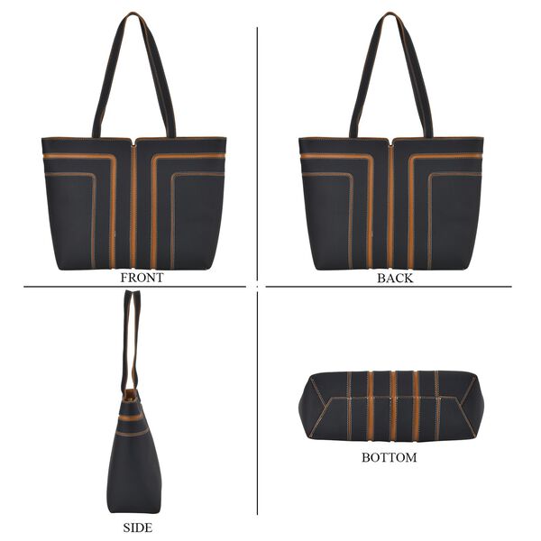 lifestyle-Color:Black with brown size/Profile: Tote bag:wall(exterior);Genuine Leather. Lining(interior):polyester  Pockets(exterior):zipped-1;(interior):Zipped-2 slip-1.Measurement(cm):  L:32*W12*H28cm.Hand strap 27cm Closure Type:zipped.zipped type: Met image number 3