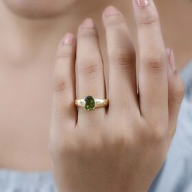 AA Natürlicher, italienischer Vesuvianit, Weißer Zirkon Ring, 925 Silber Gelbgold Vermeil, (Größe 18.00) ca. 2.09 ct