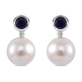 Wei&szlig;e Muschelkernperle, Masoala Saphir (Fissure gef&uuml;llt) Ohrringe 925 Silber platiniert