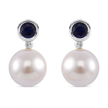 Wei&szlig;e Muschelkernperle, Masoala Saphir (Fissure gef&uuml;llt) Ohrringe 925 Silber platiniert