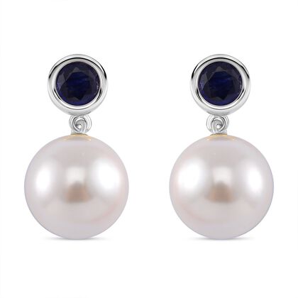 Wei&szlig;e Muschelkernperle, Masoala Saphir (Fissure gef&uuml;llt) Ohrringe 925 Silber platiniert