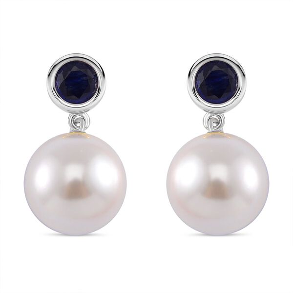 Wei&szlig;e Muschelkernperle, Masoala Saphir (Fissure gef&uuml;llt) Ohrringe 925 Silber platiniert image number 0