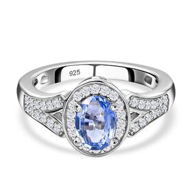 Blauer Ceylon-Saphir, Weißer Zirkon Ring, 925 Silber platiniert (Größe 16.00) ca. 1.42 ct