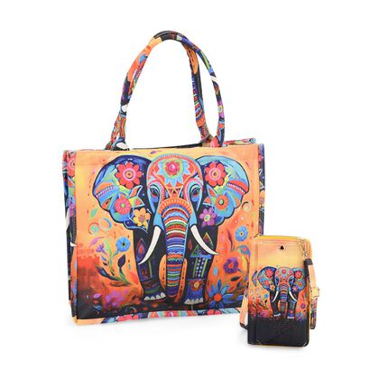 2-teiliges Taschenset - Shopper und Handytasche, ca. 40  x 12 x 35 cm (Shopper), ca. 20 x 11 x 2 cm (Handytasche), Elefantenmotiv