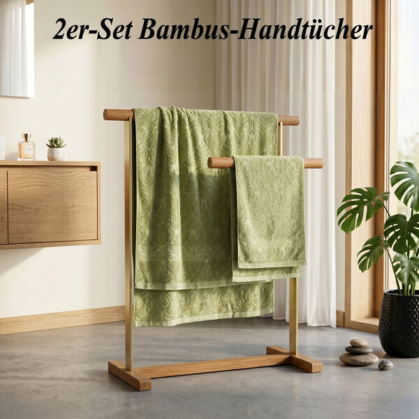 2er Set Bambus Handt&uuml;cher, Bambusschlinge, Baumwollbasis, Gr&uuml;n