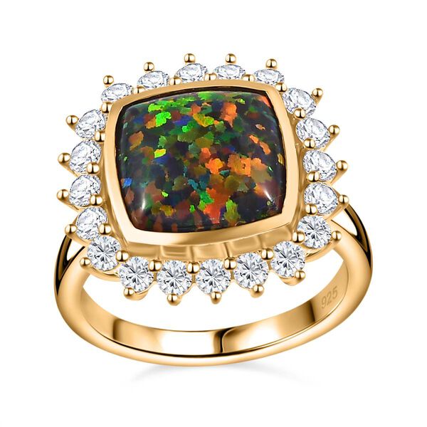 Labor Created schwarzen Opal, Weißer Zirkon Ring, 925 Silber Gelbgold Vermeil (Größe 21.00) ca. 3.69 ct image number 4