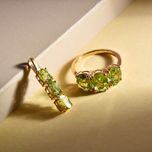 2er-Set, nat&uuml;rlicher Peridot Trilogie-Ring und Anh&auml;nger in Silber, 5,10 ct. image number 2