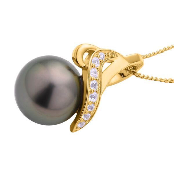 Tahiti Perle und wei&szlig;er Zirkon-Anh&auml;nger mit Kette, ca. 10-11mm, 925 Silber Gelbgold Vermeil ca. 0.15 ct image number 2