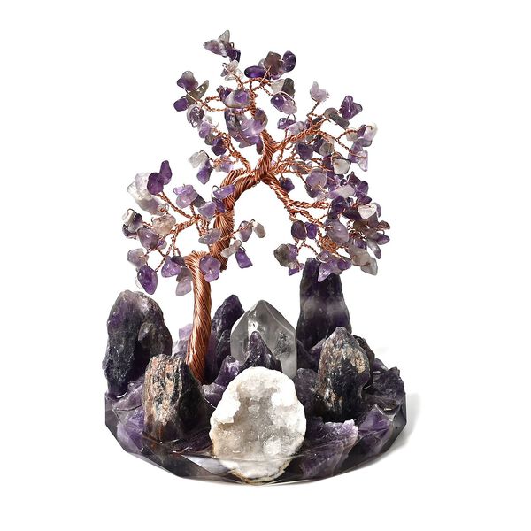 Handgefertigter Amethyst-Lebensbaum aus Heilsteinen, Gl&uuml;cksbaum mit Kupferdraht und Naturkristallen, ca. 12x12cm