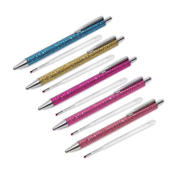 Set aus 5 Kugelschreibern mit Strassbesatz und schwarzer Mine inkl. 4 blauen Ersatzminen, 13,8x1 cm