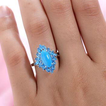 Nat&uuml;rlicher Sleeping Beauty T&uuml;rkis und Neon Apatit-Ring, 925 Silber platiniert  ca. 3,50 ct