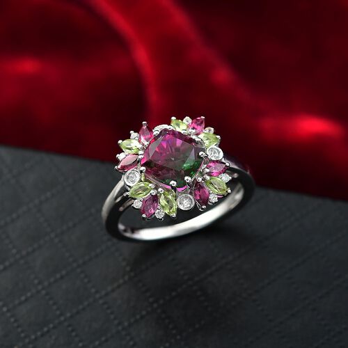 Blooming Petals - D joy Wassermelonen Quarz Triplette, Rhodolith Granat Ring 925 Silber rhodiniert (Größe 19.00) ca. 4.11 ct image number 1
