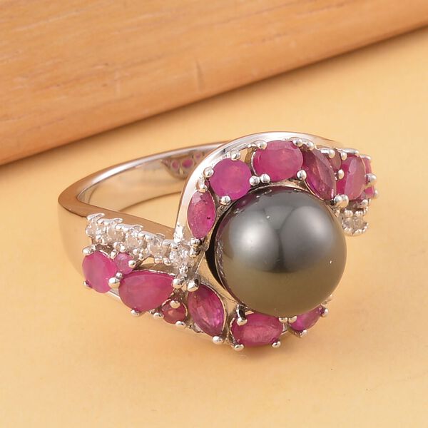 Tahiti Perle, Afrikanischer Rubin (Fissure gefüllt) Ring, 925 Silber rhodiniert, (Größe 20.00) image number 2