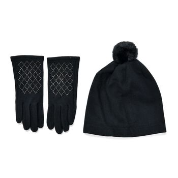 LA MAREY - 2er-Set Elegante Kaschmir M&uuml;tzen und Handschuhen mit Mikropl&uuml;sch Futter, Schwarz