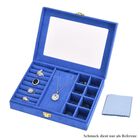 Samt Schmuckbox mit 5 Silberputztüchern, 8 Ringfächer, 8 kleine Fächer, herausnehmbares Kettentablett, Sichtfenster, Metallschloss, 20x15x5 cm, Blau