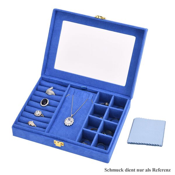 Samt Schmuckbox mit 5 Silberputzt&uuml;chern, 8 Ringf&auml;cher, 8 kleine F&auml;cher, herausnehmbares Kettentablett, Sichtfenster, Metallschloss, 20x15x5 cm, Blau