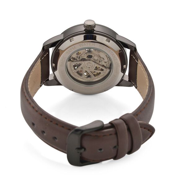 GENOA TIME V2 Automatikuhr mit mechanischem Automatikwerk, Zifferblatt Schwarz mit Sonnenschliff und offenem Design, Kaffeebraun Lederarmband 3 ATM wasserdicht image number 6