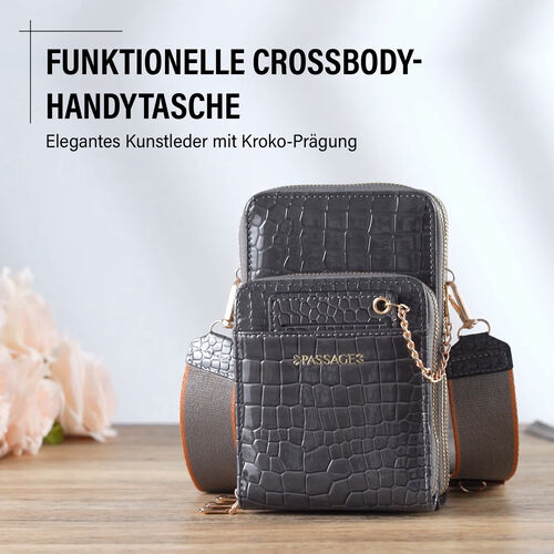 PASSAGE Crossbody Tasche aus PU-Lackleder mit Krokoprägung und RFID-Schutz, 18x7x11 cm, Dunkelgrau image number 1